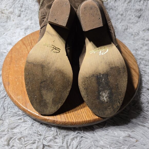 Sbicca Gusto Womens Size 7 Over the Knee Tie Tan Suede Leather 3.5" Heel Boots - Picture 4 of 13